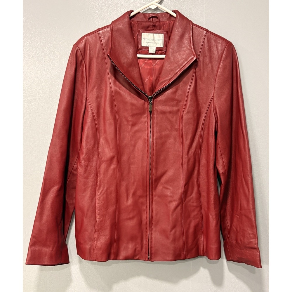 Vintage Worthington Genuine Lambskin Leather Jacket Red Blazer Full Zip Medium